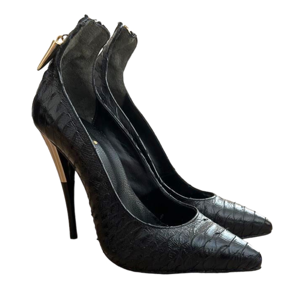 Giuseppe Zanotti Cruise Black Python Gold Zip & Heel Pointed Toe Pumps, Size 39